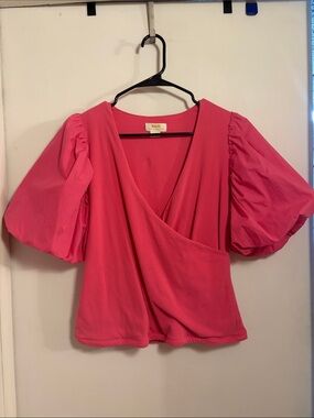 Maeve Hot Pink Puff-Sleeve Wrap Blouse LARGE